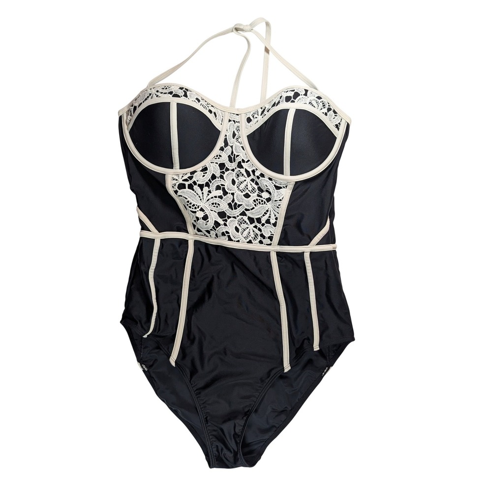 Marilyn Monroe One Piece Swimsuit Women Large Black Lace Underwire Halter Cutout